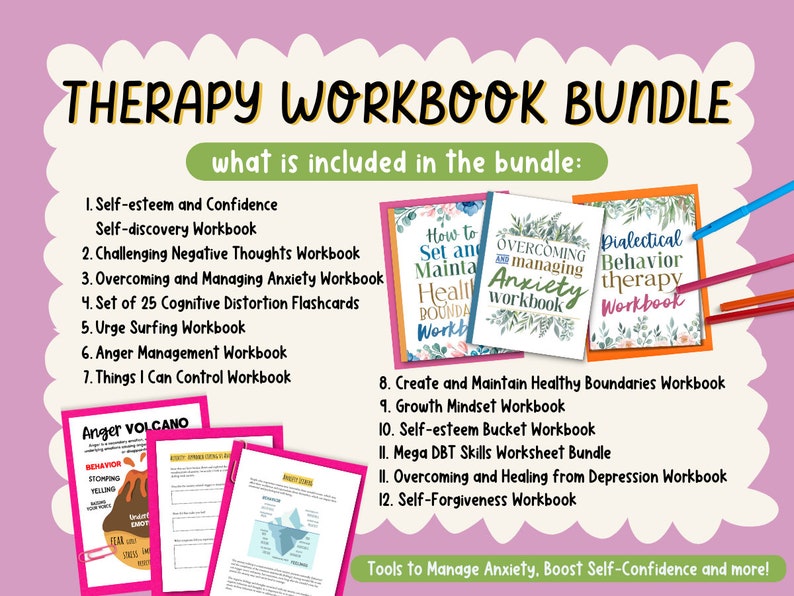 May include: A therapy workbook bundle with the title "THERAPY WORKBOOK BUNDLE" in a playful font. The image includes several workbooks with titles like "Overcoming and Managing Anxiety Workbook" and "Dialectical Behavior Therapy Workbook". The image also includes a list of workbook titles.