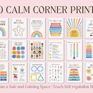 50 carteles de aprendizaje socioemocional Actividades de Calm Corner Hoja de trabajo de decoración del aula SEL Póster para niños Boletín de arte Psicología Tablero de la escuela secundaria