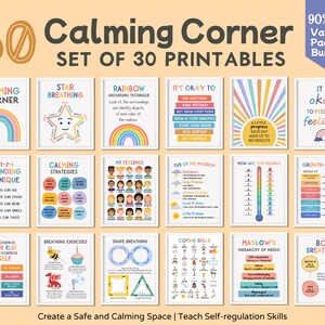 Conjunto de 30 estrategias de esquina calmantes Kit de calma Póster Gráfico de sentimientos Emociones para niños Arte educativo de la pared Psicólogo escolar Montessori