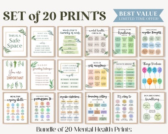 20 Therapist Office Decor Social Worker Posters Therapy Wall Art Counselor Prints School Counseling Bundle Mental Health Sign Psychology CBT
