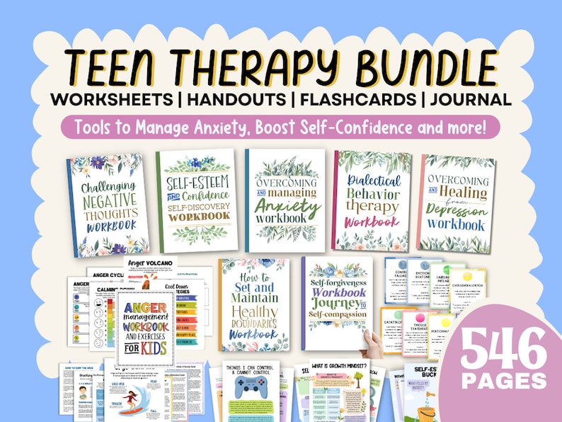 May include: A Teen Therapy Bundle with worksheets, handouts, flashcards, and a journal. The image shows several workbooks with titles like "Challenging Negative Thoughts" and "Self-Esteem." The bundle includes 546 pages and is designed to help manage anxiety.