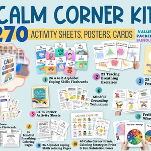 270 Calm Down Corner Kit Poster Bundle Kids Self Regulation Activities SEL Emotional Feelings Emotions Chart Wheel Calming Prints Classroom