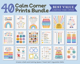 40 Calming Corner Poster Classroom Calm Down Printable Decor Wall Art Social Emotional Self Regulation Sign Feelings Chart Bundle Print SEL