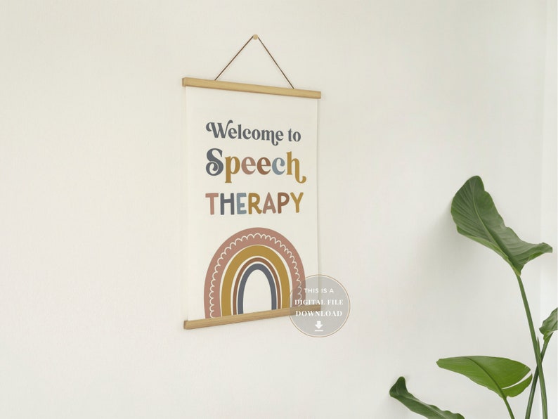 K&ouml;nnte beinhalten: Ein druckbares Schild mit einem Regenbogen und dem Text "Willkommen in der Logop&auml;die". Das Schild ist ein digitaler Download.