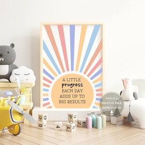 May include: A motivational quote poster with a sunburst design in shades of orange, pink, and blue. The quote reads "A little progress each day adds up to big results".