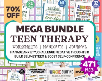 Peut inclure: Un lot de produits numériques pour la thérapie des adolescents, comprenant des feuilles de travail, des documents et un journal. Le lot comprend 471 pages et couvre des sujets tels que la gestion de l'anxiété, la remise en question des pensées négatives, le renforcement de l'estime de soi et l'amélioration de la confiance en soi.