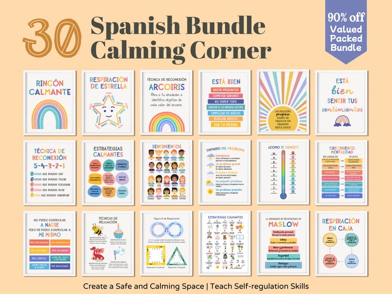 30 Spanish Calming Corner Posters Counseling Therapy Prints School Counselor Psychology Mental Health Door Decor Sign Teacher Montessori Art image 1