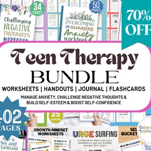 402 Teen Therapy Workbook Negative Thoughts Worksheet Anxiety Boundaries Journal Cards Self Confidence Psychology Therapist Tools DBT School