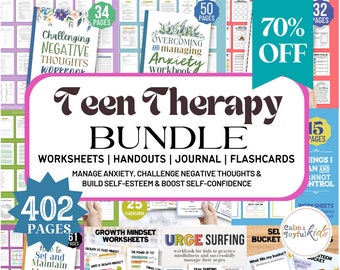 402 Teen Therapy Workbook Negative Thoughts Worksheet Anxiety Boundaries Journal Cards Self Confidence Psychology Therapist Tools DBT School