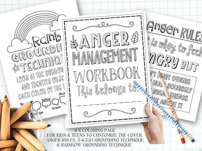 May include: Black and white printable coloring pages for kids and teens. The pages include a rainbow grounding technique, anger management workbook, and anger rules. The text on the pages reads "Rainbow Grounding Technique", "Anger Management Workbook", "Anger Rules", "It is okay to feel angry but", "Don't hurt others", "Hurt yourself", "Break things", "Talk about it", "Look at the surroundings and identify objects, each color of the item", "This belongs to", and "4 x Coloring Page for kids and teens to customize the cover. Anger Rules. 5-4-3-2-1 Grounding Technique & Rainbow Grounding Technique".