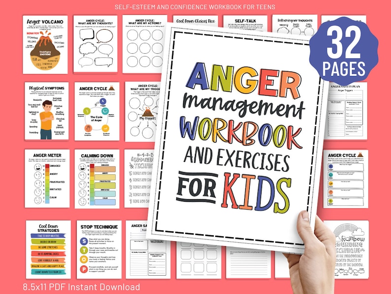 May include: A colorful workbook with the title "ANGER management WORKBOOK AND EXERCISES FOR KIDS" and the number "32 PAGES" in a purple circle. The workbook is designed to help children manage anger and includes activities and exercises.