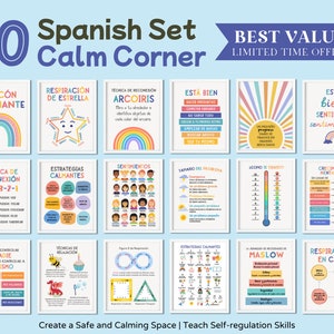 30 carteles españoles de esquina tranquila, estrategias calmantes para el aula, paquete de decoración, carteles educativos para el hogar, escuela, niños, clase, decoración artística de pared