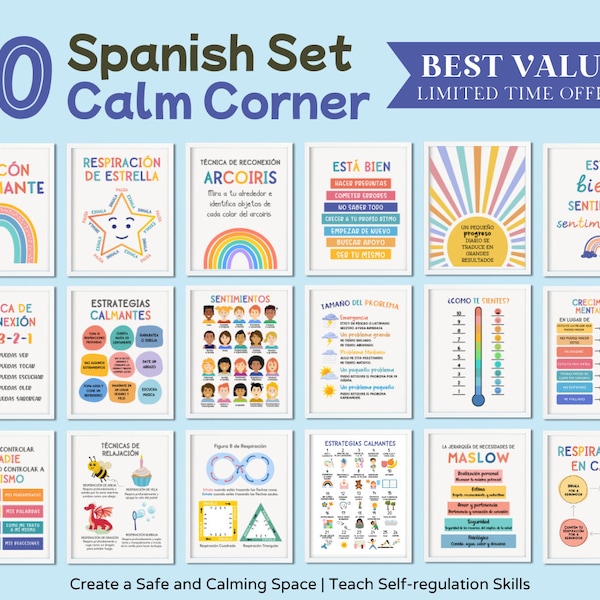 30 Spanish Calm Corner Posters Calming Classroom Decor Bundle Sign Educational Homeschool Kids Poster Class Wall Art Decorations Materials