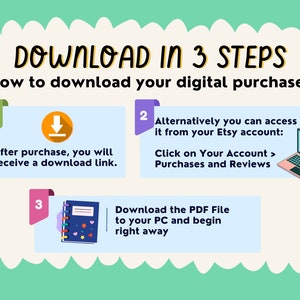 May include: A graphic with the text "DOWNLOAD IN 3 STEPS" and instructions on how to download digital purchases. The steps include receiving a download link, accessing the Etsy account, and downloading the PDF file.