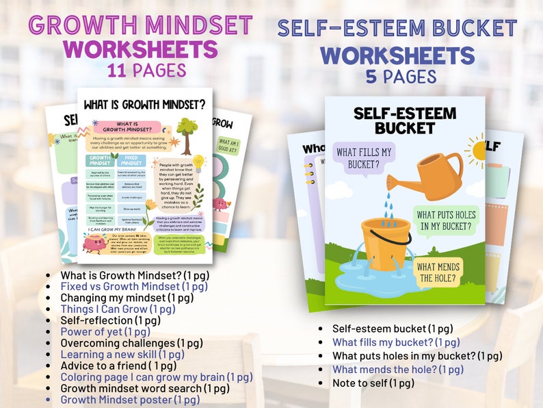 May include: A set of printable worksheets for children to learn about growth mindset and self-esteem. The worksheets feature colorful illustrations of a brain, a watering can, and a bucket. The text on the worksheets includes the phrases "Growth Mindset" and "Self-Esteem Bucket".