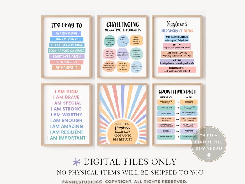 May include: Set of eight printable posters with positive affirmations and motivational quotes. The posters feature a rainbow colour scheme with a sunburst design. The posters include phrases like "It's okay to ask questions", "I am kind", "A little progress each day adds up to big results", "Challenging negative thoughts", "Maslow's Hierarchy of Needs", and "Growth Mindset".