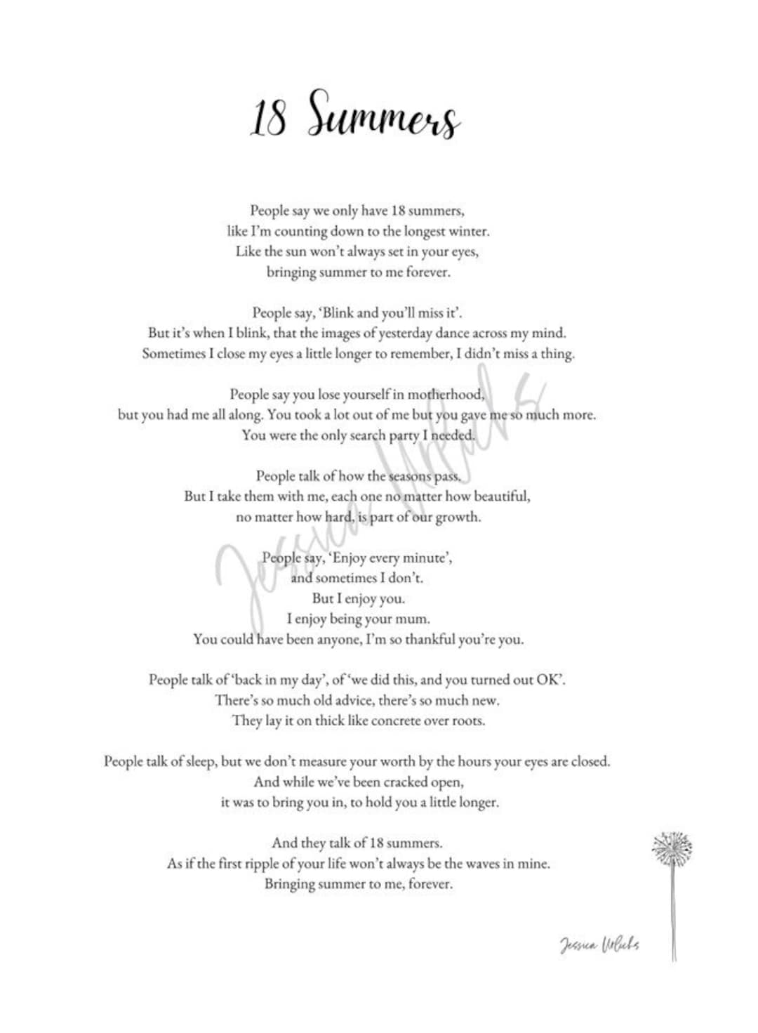 18 Summers Poem Etsy