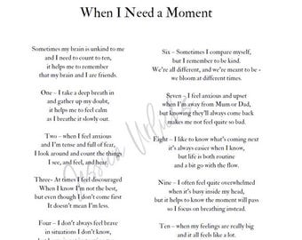 When I Need a Moment poem (some coping tools for kids)