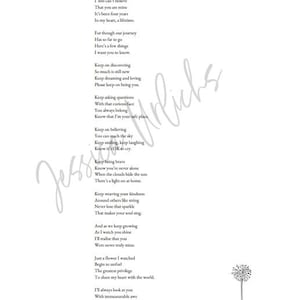 Puede incluir: Un poema en blanco y negro sobre un niño que cumple cuatro años. El poema está escrito en una fuente manuscrita e incluye el texto "Today You Turn Four". Una simple ilustración en blanco y negro de un diente de león se encuentra en la esquina inferior derecha de la página.