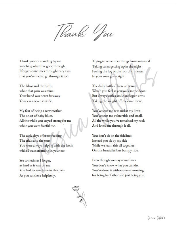 Thank You Poem for your partner (original version) 'him' 'her' 'their' versions within file