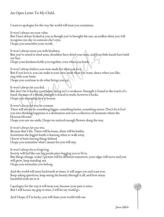 An Open Letter To My Child Etsy New Zealand