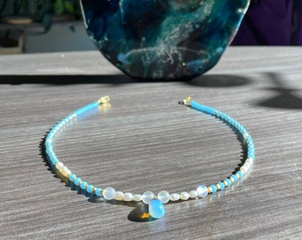 Blue and Gold Necklace with Iridescent Pendant