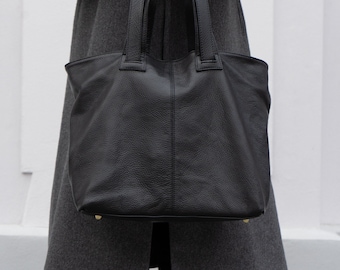 Grand sac à main en cuir véritable "Caja", cabas pour femme, sac pour ordinateur portable noir, robuste, avec large bandoulière, fabriqué à la main en Italie, noir