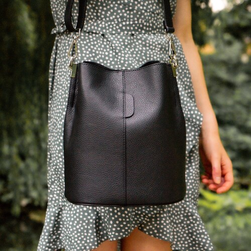 Genuine leather shops bucket bag, women's handbag with change strap, 1 strap FREE, minimalist leather handbag, handmade