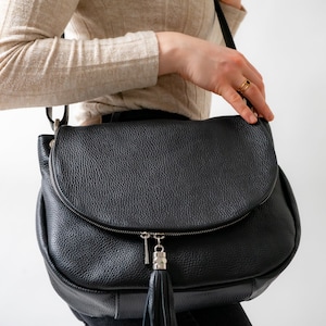 Shoulder bag tassel bag Ila made of genuine leather, flap bag, bag with zip flap, black, women's handbag, satchel bag image 3