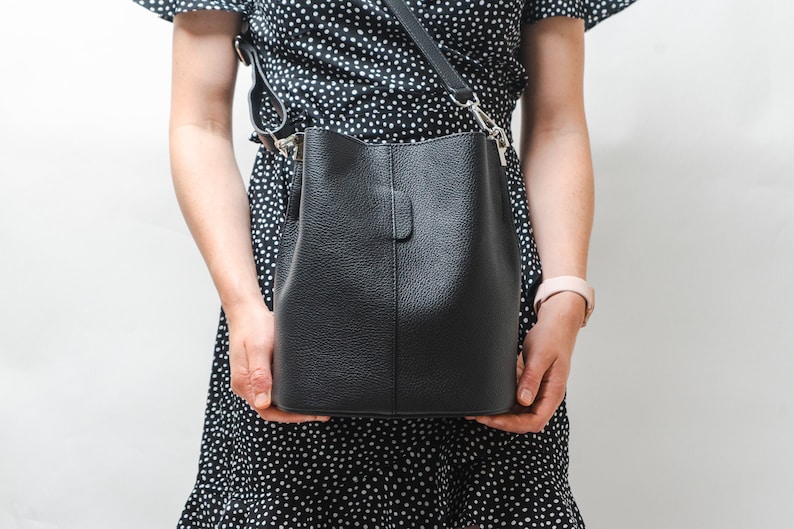Genuine leather shops bucket bag, women's handbag with change strap, 1 strap FREE, minimalist leather handbag, handmade