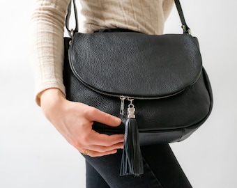 Sac à bandoulière sac « Ila » en cuir véritable, sac à clapet, poche zippée, noir, handat pour femme, sac satchel