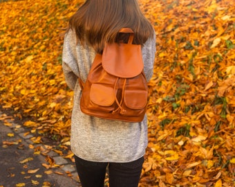 Leather backpack "Cheva" leather backpack unique cognac, black genuine leather vintage style small, city backpack, handmade, boho