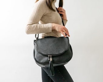 Shoulder bag tassel bag "Ila" made of genuine leather, flap bag, bag with zip flap, black, women's handbag, satchel bag