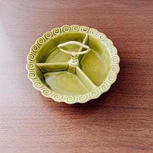 Vintage California Pottery Divided Serving Dish – Olive Green Ceramic Tray with Handle | Mid-Century Relish Tray | USA Made