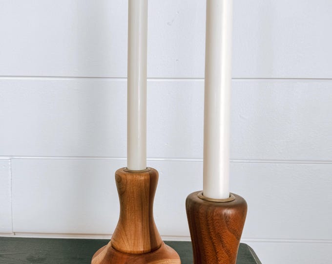 Hand-turned Wooden Taper Candle Holders – Set of 2 | Mid-century Modern ...