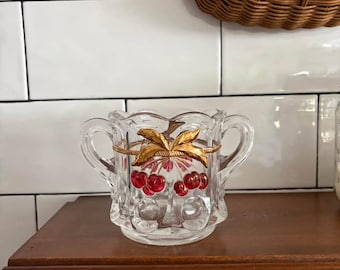 Vintage Glass Sugar Bowl / Candy Dish w/ Handles (Cherry & Gold Detail)