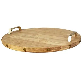 Round Gold Wood Serving Tray with Steel Handles