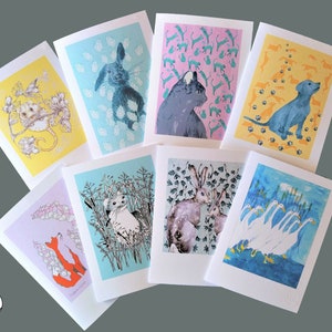 Greetings Card Pack of 8 . Blank inside ideal Birthdays, any occasion. FSC Card recycled envelopes, a bio sleeve. Artist Designs. Printed UK