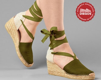 Alpargata Lola tacón alto verde cosida a mano en la Rioja, España - Alpargata para mujer. Colección DIEGOS® - Alpargata Vegan