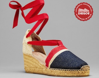 Espadrille Lola high heel blue stripes hand sewn in Rioja, Spain - Espadrilles for women. DIEGOS® Collection - Vegan Footwear