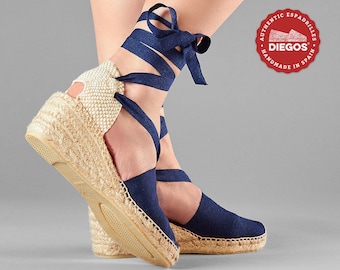 Espadrille Lola high heel navy blue sewn by hand in Rioja, Spain - Espadrilles for women. COLLECTION DIEGOS® - Espadrille authentic