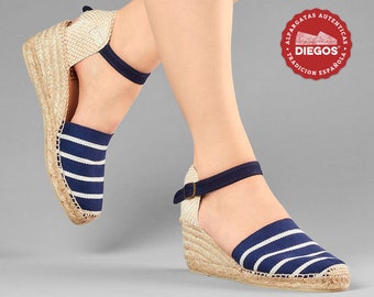 Espadrille Carmen blue stripes high heel sewn by hand in Rioja, Spain, Espadrilles for women. DIEGOS® Collection, Valencian Espardenya