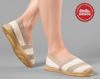 Grey striped espadrilles for women Hand-stitched flat espardenya classic in Rioja, Spain New DIEGOS summer collection®