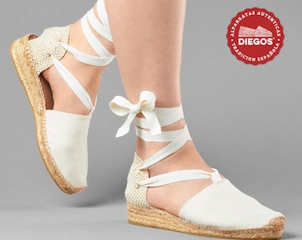 White Ivory Lola espadrille with bows and low heel for women - Traditional and hand-sewn espadrilles in Rioja, Spain - DIEGOS®