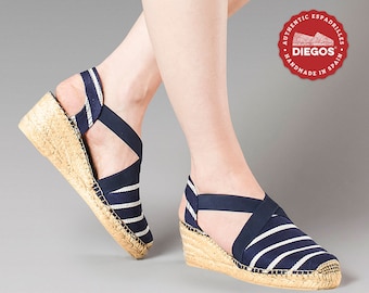 Espadrille Belen blue stripes hand-sewn high heel in Rioja, Spain - Espadrille for women. DIEGOS collection® - Valencian espardenya