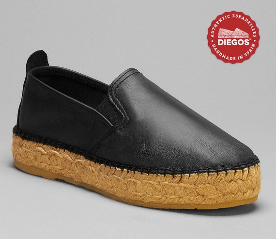 Espadrille Flat Platform Black Leather Hand sewn in Rioja Spain