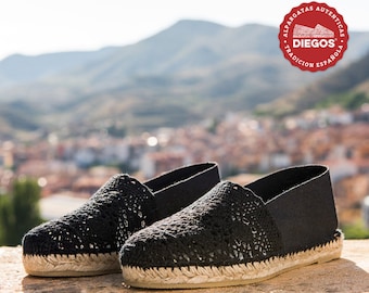 Black crochet flat espadrille hand-sewn in Rioja, Spain | Espadrille for women | DIEGOS Collection® | the authentic espardenya