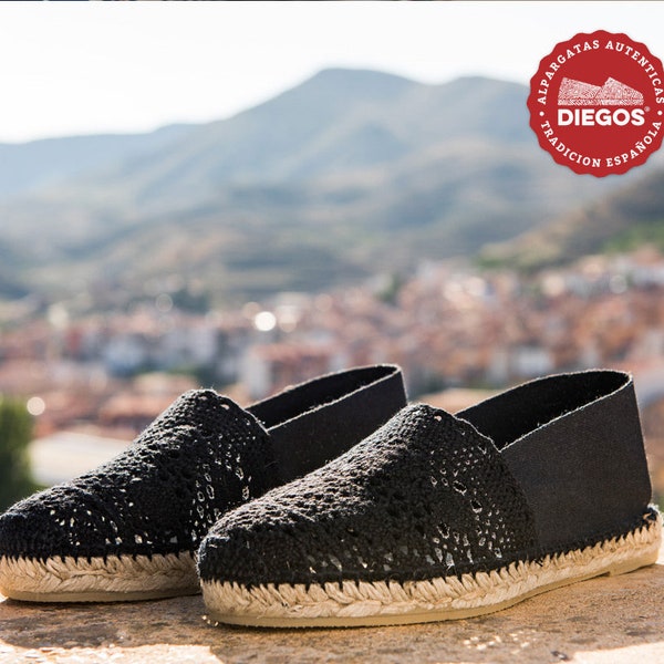 Black crochet flat espadrille hand-sewn in Rioja, Spain | Espadrille for women | DIEGOS Collection® | the authentic espardenya