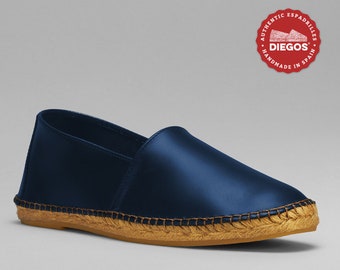 Classic flat navy blue leather espadrilles- hand-stitched in La Rioja, Spain, Espadrille for men. DIEGOS® Collection, espardenya