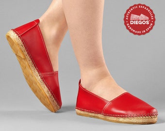 Flat espadrille in red leather sewn by hand in Rioja, Spain - Espadrilles for women. DIEGOS® Collection - Wedge Shoes for Women